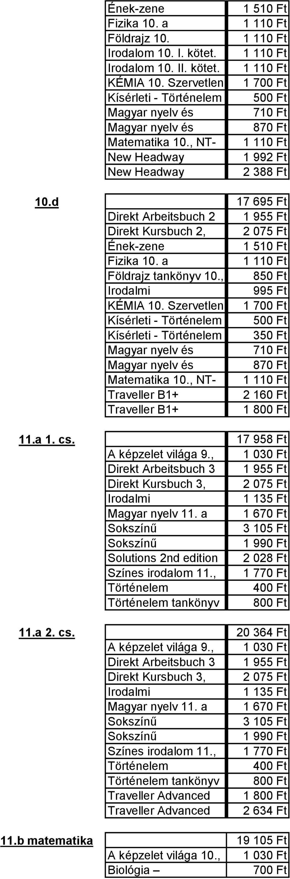 , Direkt Arbeitsbuch 3 1 955 Ft Direkt Kursbuch 3, 2 075 Ft 1 135 Ft Magyar nyelv 11. a 1 670 Ft Színes irodalom 11., 1 770 Ft 400 Ft tankönyv 800 Ft 11.a 2. cs.