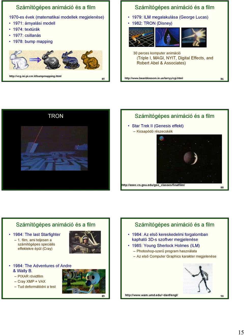 html 85 http://www.beanblossom.in.us/larryy/cgi.html 86 TRON Számítógépes animáció és a film Star Trek II (Genesis effekt) Kicsapódó részecskék 87 http://asec.cs.gsu.