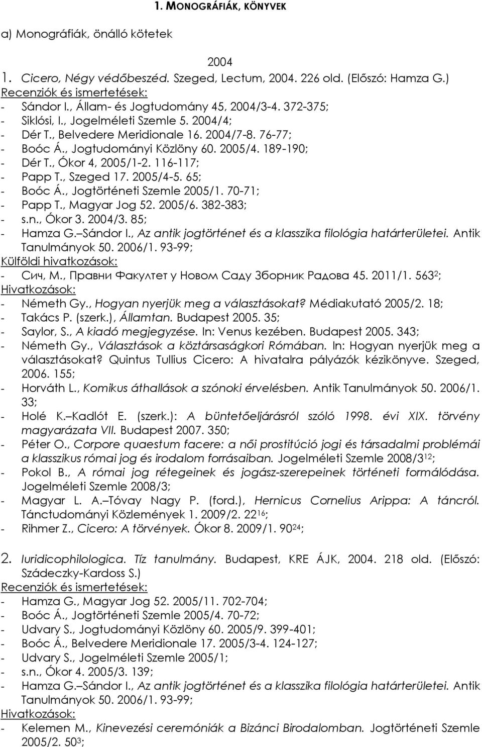 116-117; - Papp T., Szeged 17. 2005/4-5. 65; - Boóc Á., Jogtörténeti Szemle 2005/1. 70-71; - Papp T., Magyar Jog 52. 2005/6. 382-383; - s.n., Ókor 3. 2004/3. 85; - Hamza G. Sándor I.