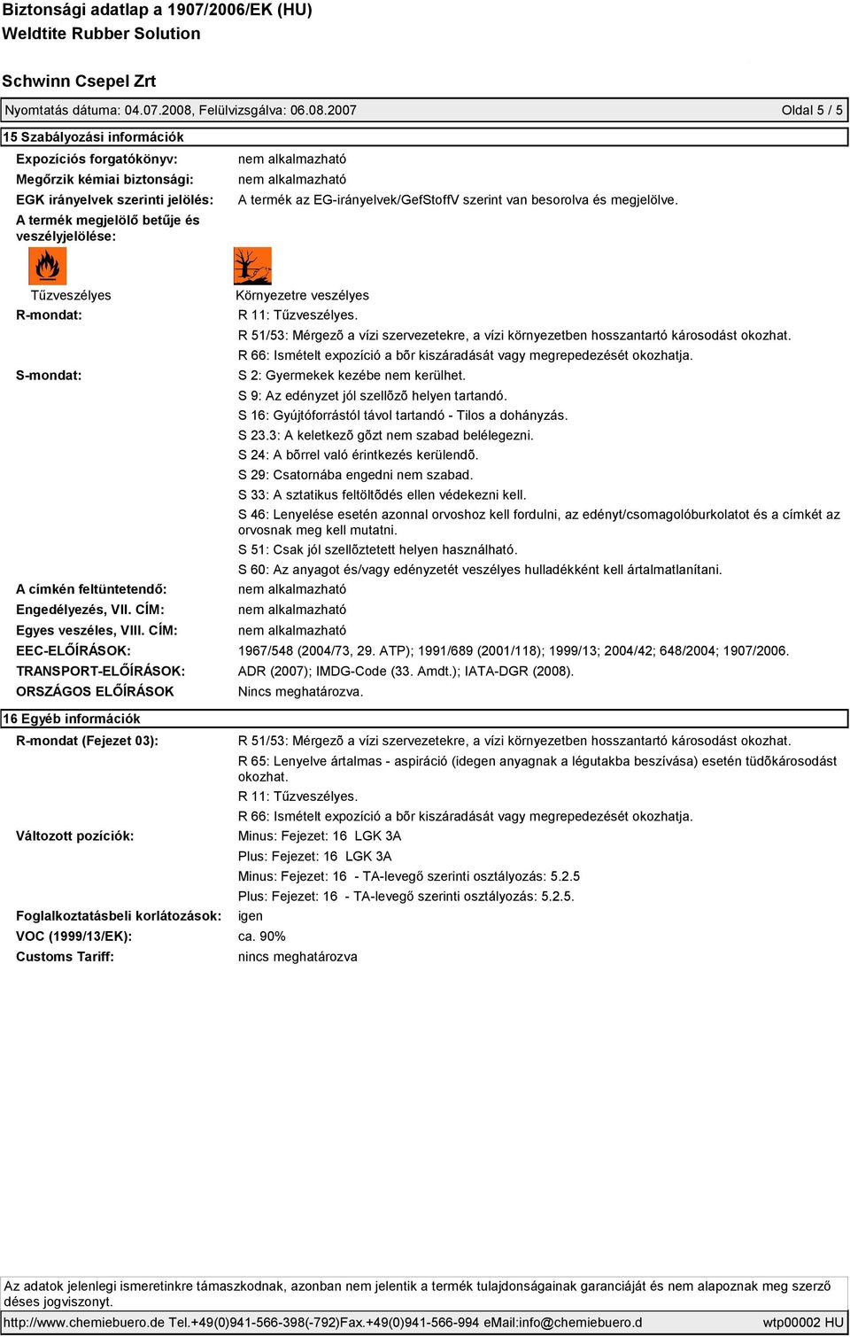 2007 Oldal 5 / 5 15 Szabályozási információk Expozíciós forgatókönyv: Megőrzik kémiai biztonsági: EGK irányelvek szerinti jelölés: A termék megjelölő betűje és veszélyjelölése: A termék az