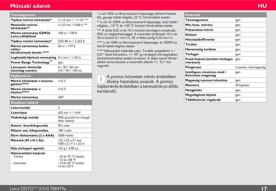 kijelzett mennyiség 0, mm / /3 in Power Range Technology igen Lézerpont átmérője (távolság esetén) Hajlásmérés Mérési tűréshatár a lézersugárhoz***** Mérési tűréshatár a házhoz***** 6 / 30 / 60 mm (0