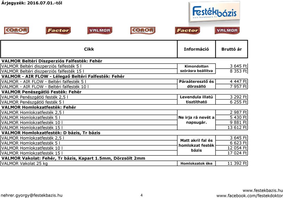 VALMOR Penészgátló festék 2,5 l Levendula illatú 3 292 Ft VALMOR Penészgátló festék 5 l tisztítható 6 255 Ft VALMOR Homlokzatfesték: Fehér VALMOR Homlokzatfesték 2,5 l 2 987 Ft VALMOR Homlokzatfesték