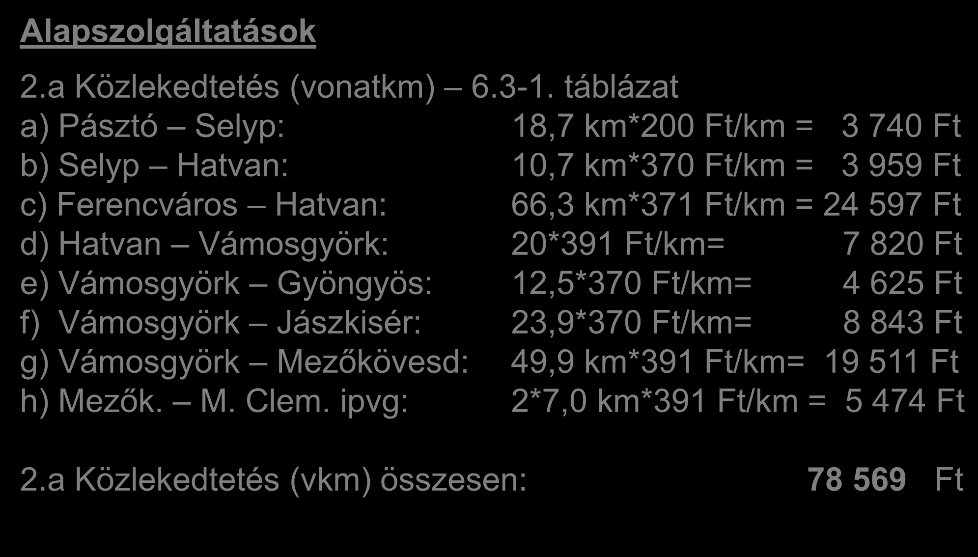 Számítási feladat megoldása I. Alapszolgáltatások 2.a Közlekedtetés (vonatkm) 6.3-1.