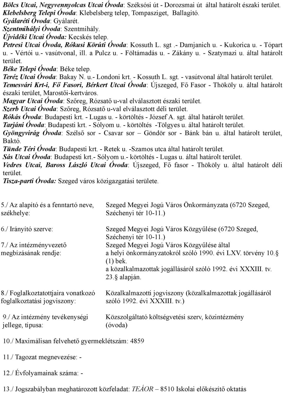 a Pulcz u. - Föltámadás u. - Zákány u. - Szatymazi u. által határolt terület. Béke Telepi Óvoda: Béke telep. Teréz Utcai Óvoda: Bakay N. u.- Londoni krt. - Kossuth L. sgt.