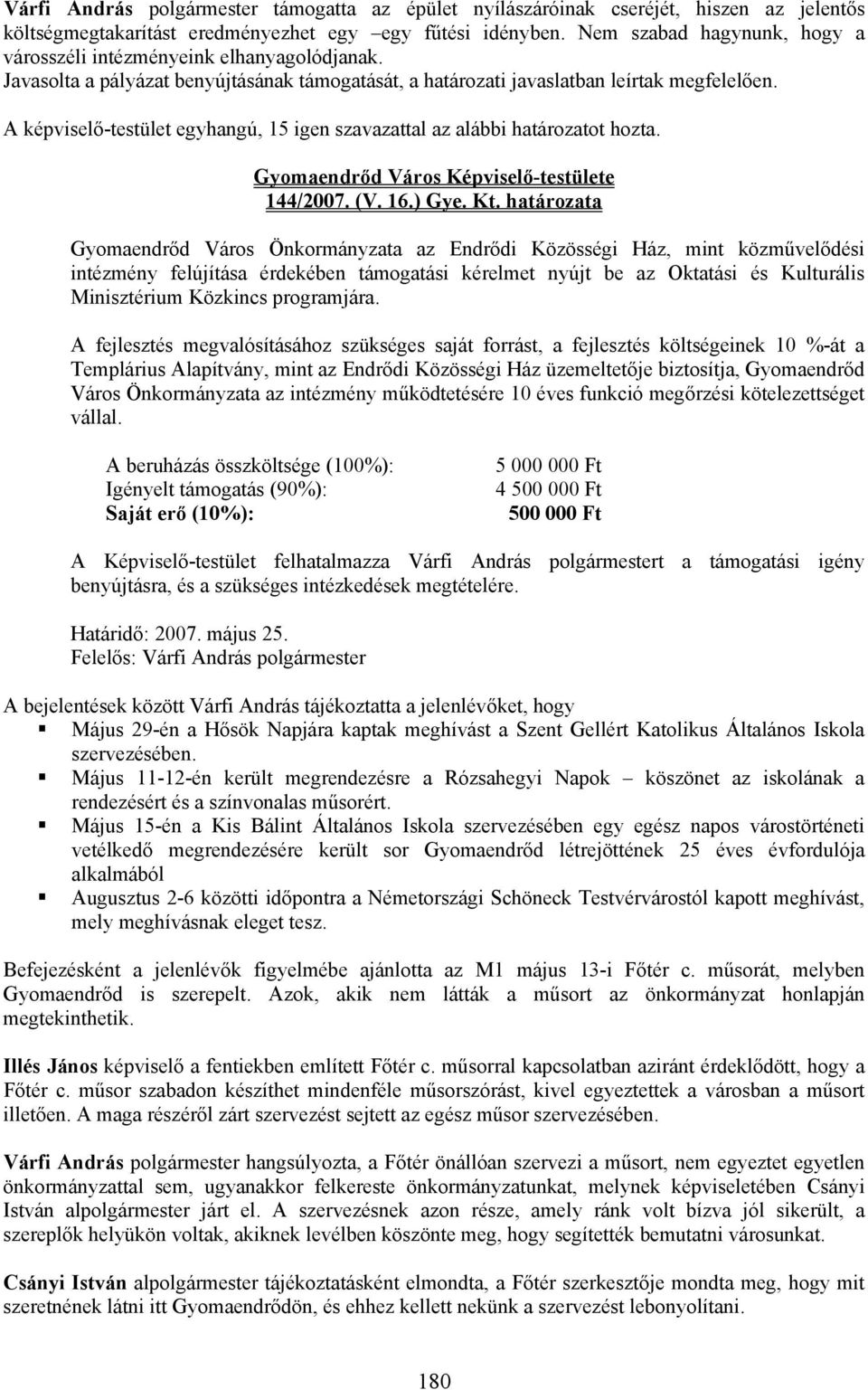 A képviselő-testület egyhangú, 15 igen szavazattal az alábbi határozatot hozta. Gyomaendrőd Város Képviselő-testülete 144/2007. (V. 16.) Gye. Kt.