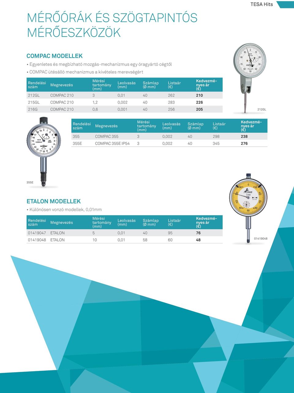 COMPAC 210 0,6 0,001 40 256 205 212GL Leolvasás Számlap (Ø mm) 355 COMPAC 355 3 0,002 40 298 238 355E COMPAC 355E IP54 3 0,002 40 345 276 355E