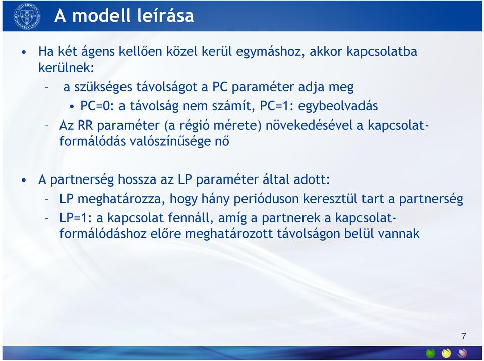 kapcsolatformálódás valószínűsége nő A partnerség hossza az LP paraméter által adott: LP meghatározza, hogy hány perióduson