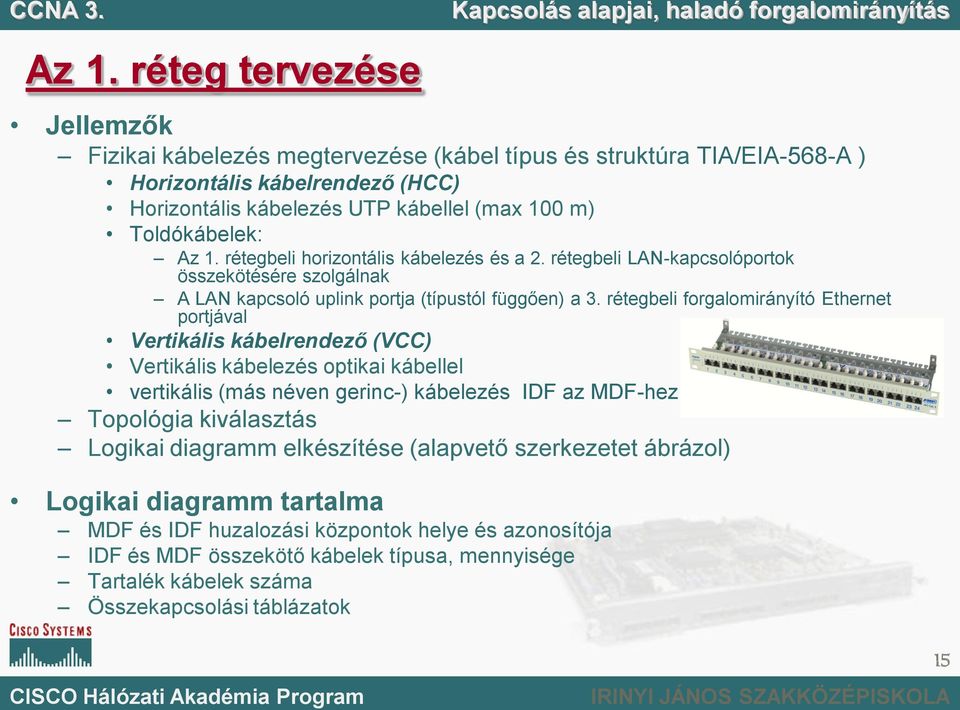 rétegbeli forgalomirányító Ethernet portjával Vertikális kábelrendező (VCC) Vertikális kábelezés optikai kábellel vertikális (más néven gerinc-) kábelezés IDF az MDF-hez Topológia kiválasztás