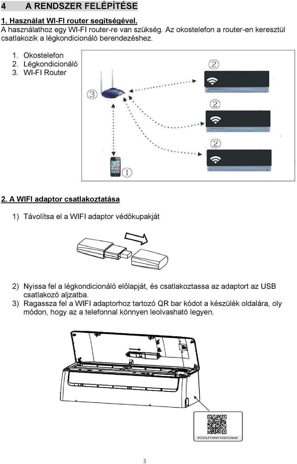 A WIFI adaptor csatlakoztatása 1) Távolítsa el a WIFI adaptor védőkupakját 2) Nyissa fel a légkondicionáló előlapját, és csatlakoztassa az