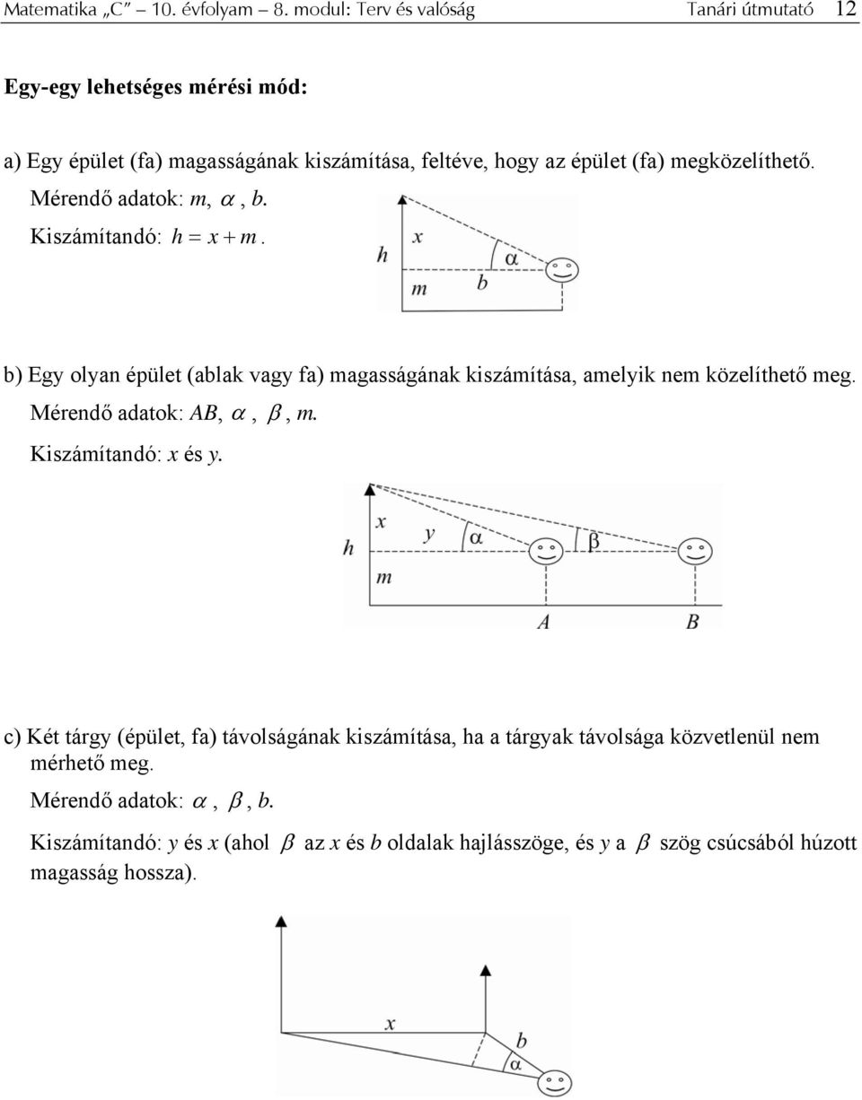 megközelíthető. Mérendő adatk: m, α, b. Kiszámítandó: h = x + m.