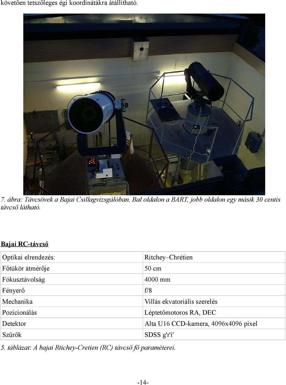 Bajai RC-távcső Optikai elrendezés: Ritchey Chrétien Főtükör átmérője 50 cm Fókusztávolság 4000 mm Fényerő f/8 Mechanika