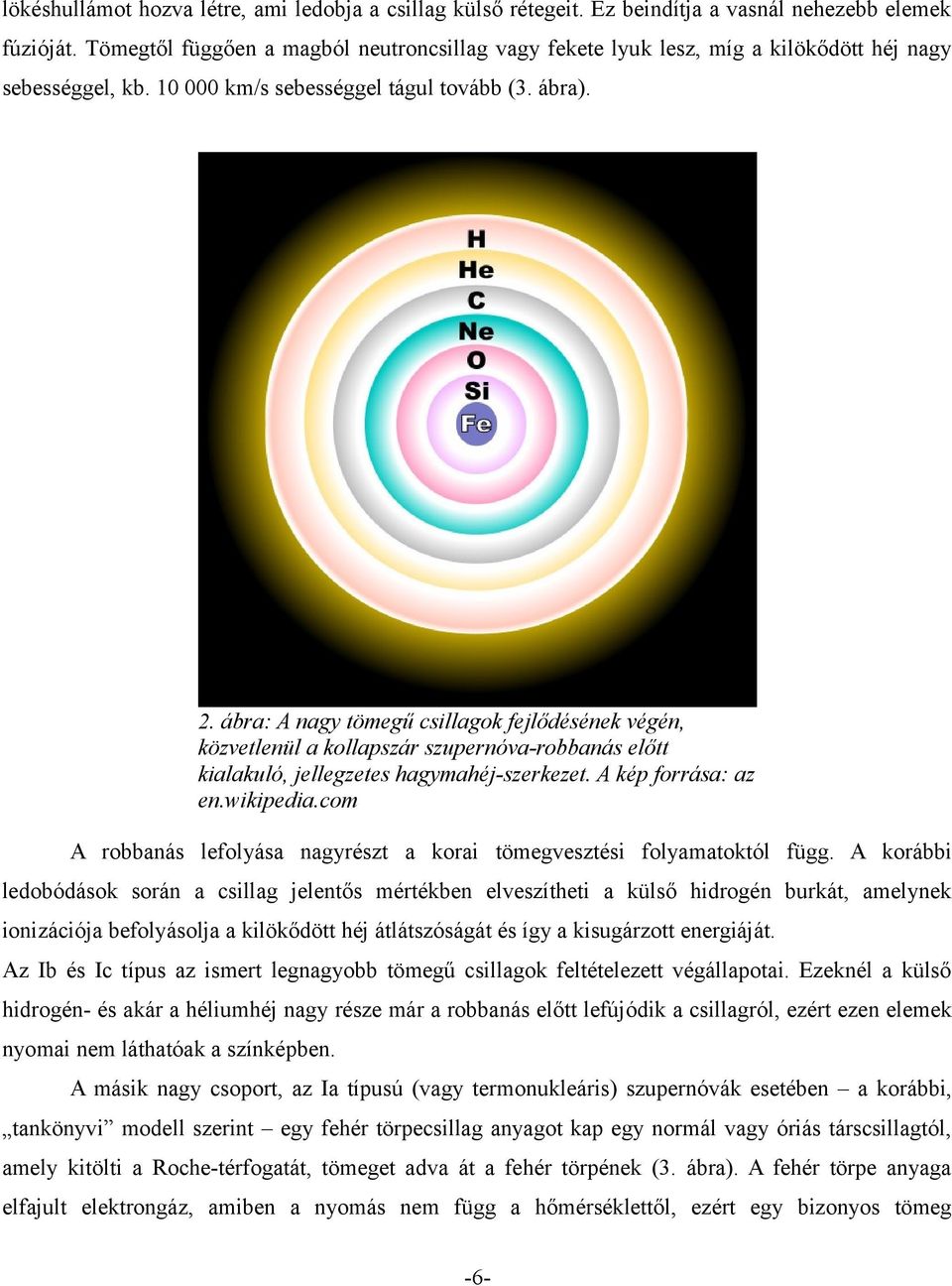 ábra: A nagy tömegű csillagok fejlődésének végén, közvetlenül a kollapszár szupernóva-robbanás előtt kialakuló, jellegzetes hagymahéj-szerkezet. A kép forrása: az en.wikipedia.