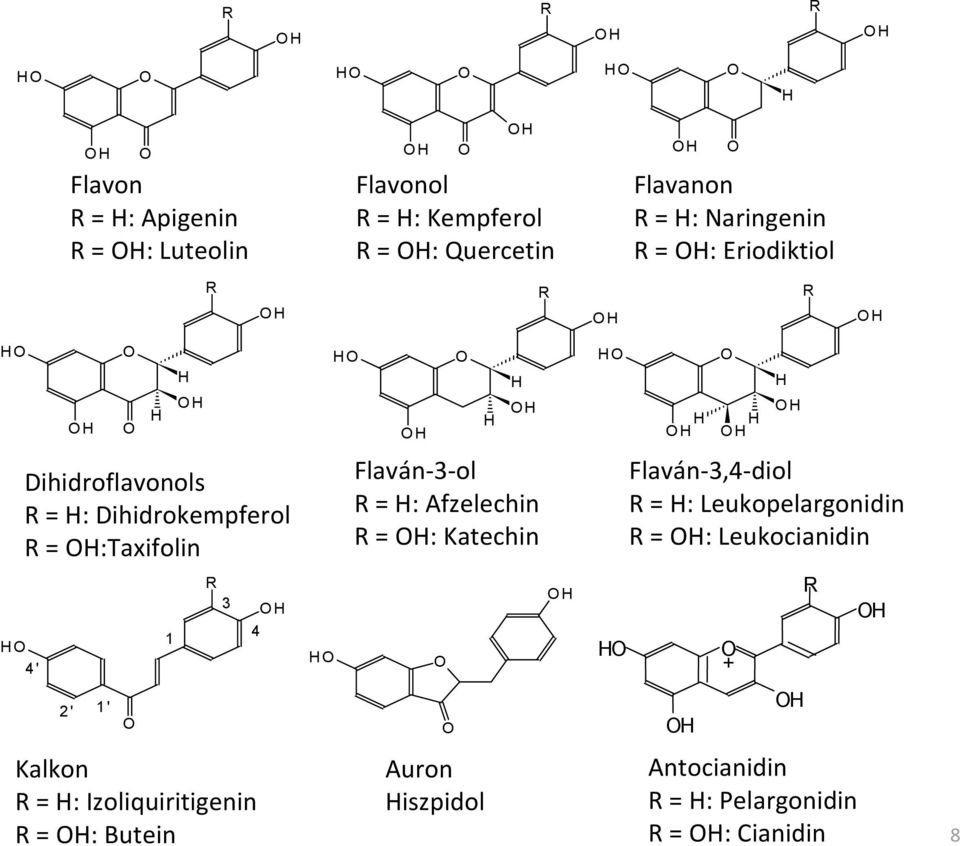 OH OH 4 4' 2' H OH 1 OH H Dihidroflavonols R = H: Dihidrokempferol R = OH:Taxifolin HO R HO O OH H Flavanon R = H: Naringenin R = OH: Eriodiktiol