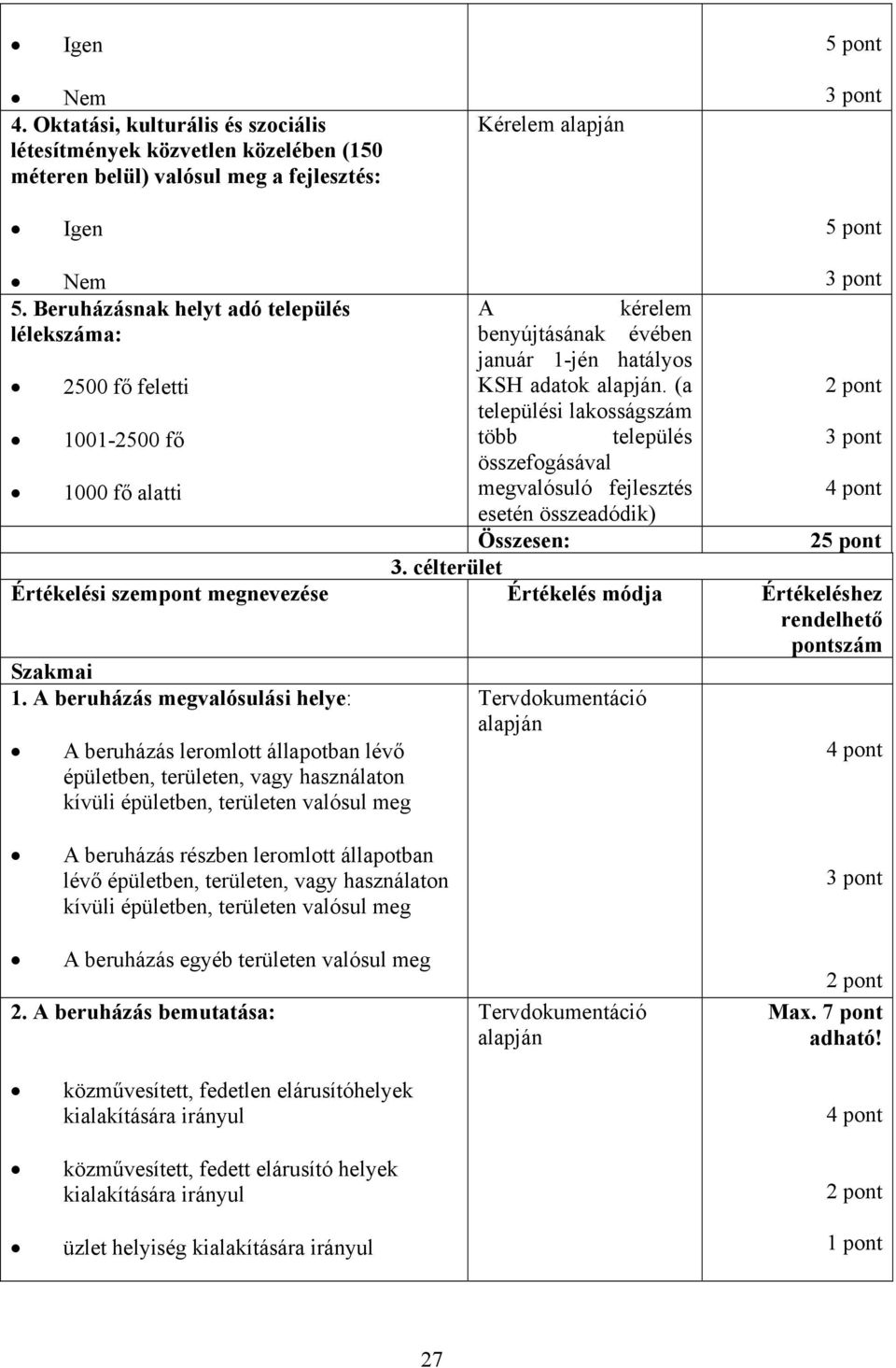 (a települési lakosságszám 1001-2500 fő több település összefogásával 1000 fő alatti megvalósuló fejlesztés esetén összeadódik) Összesen: 2 3. célterület Szakmai 1.