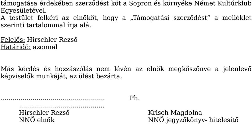 Felelős: Hirschler Rezső Határidő: azonnal Más kérdés és hozzászólás nem lévén az elnök megköszönve a