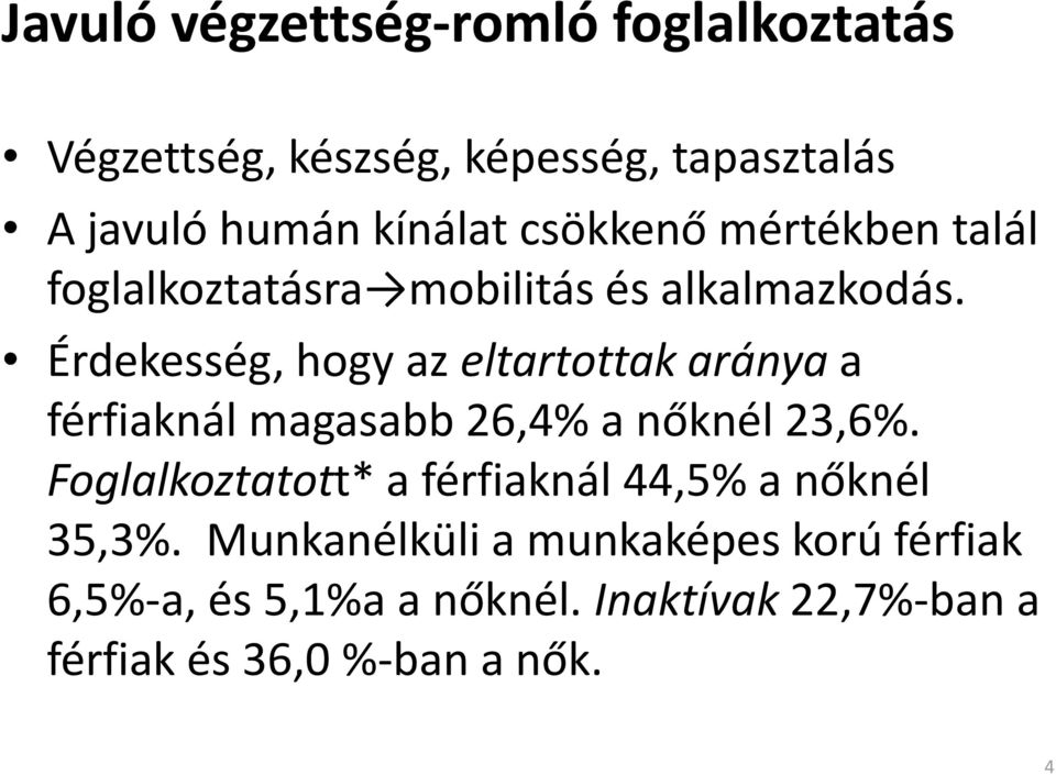 Érdekesség, hogy az eltartottak aránya a férfiaknál magasabb 26,4% a nőknél 23,6%.