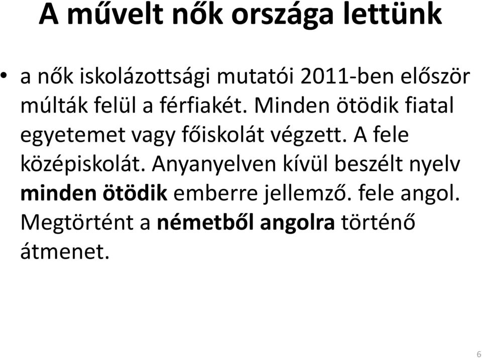 Minden ötödik fiatal egyetemet vagy főiskolát végzett. A fele középiskolát.