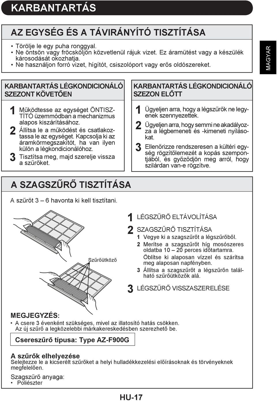 KARBANTARTÁS LÉGKONDICIONÁLÓ SZEZONT KÖVETŐEN Működtesse az egységet ÖNTISZ- TÍTÓ üzemmódban a mechanizmus alapos kiszárításához. Állítsa le a működést és csatlakoztassa le az egységet.