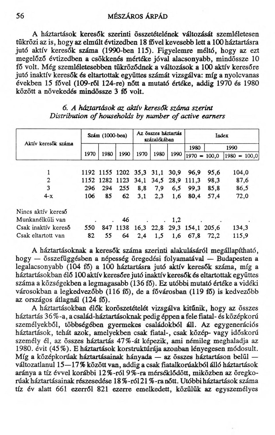 Még szemléletesebben tükröződnek a változások a 100 aktív keresőre jutó inaktív keresők és eltartottak együttes számát vizsgálva: míg a nyolcvanas években 15 fővel (109-röl 124-re) nőtt a mutató