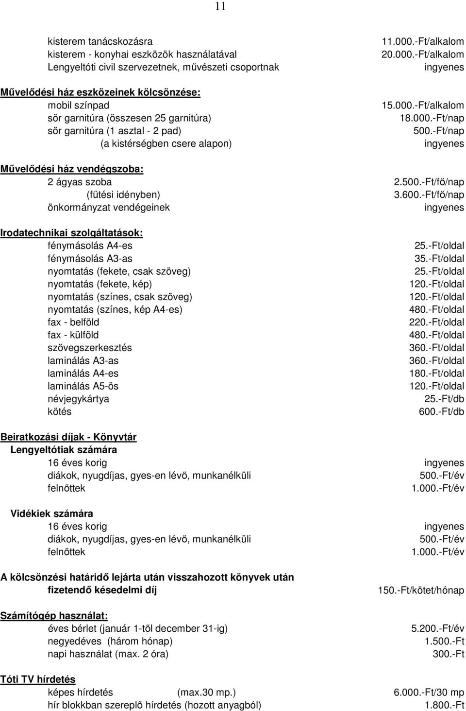 -Ft/nap (a kistérségben csere alapon) ingyenes Művelődési ház vendégszoba: 2 ágyas szoba 2.500.-Ft/fő/nap (fűtési idényben) 3.600.