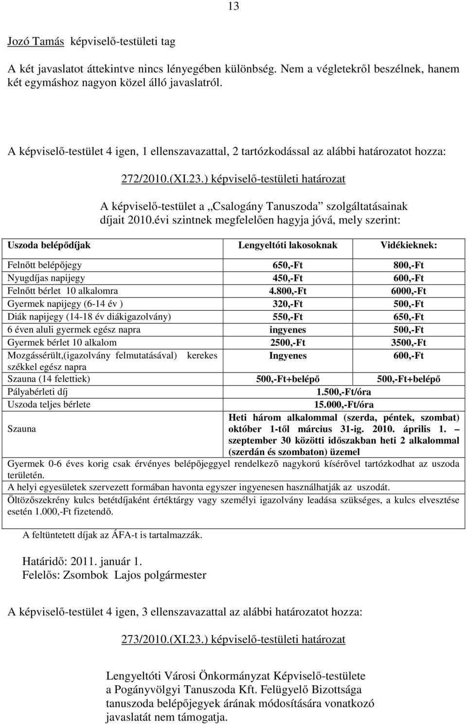 ) képviselő-testületi határozat A képviselő-testület a Csalogány Tanuszoda szolgáltatásainak díjait 2010.