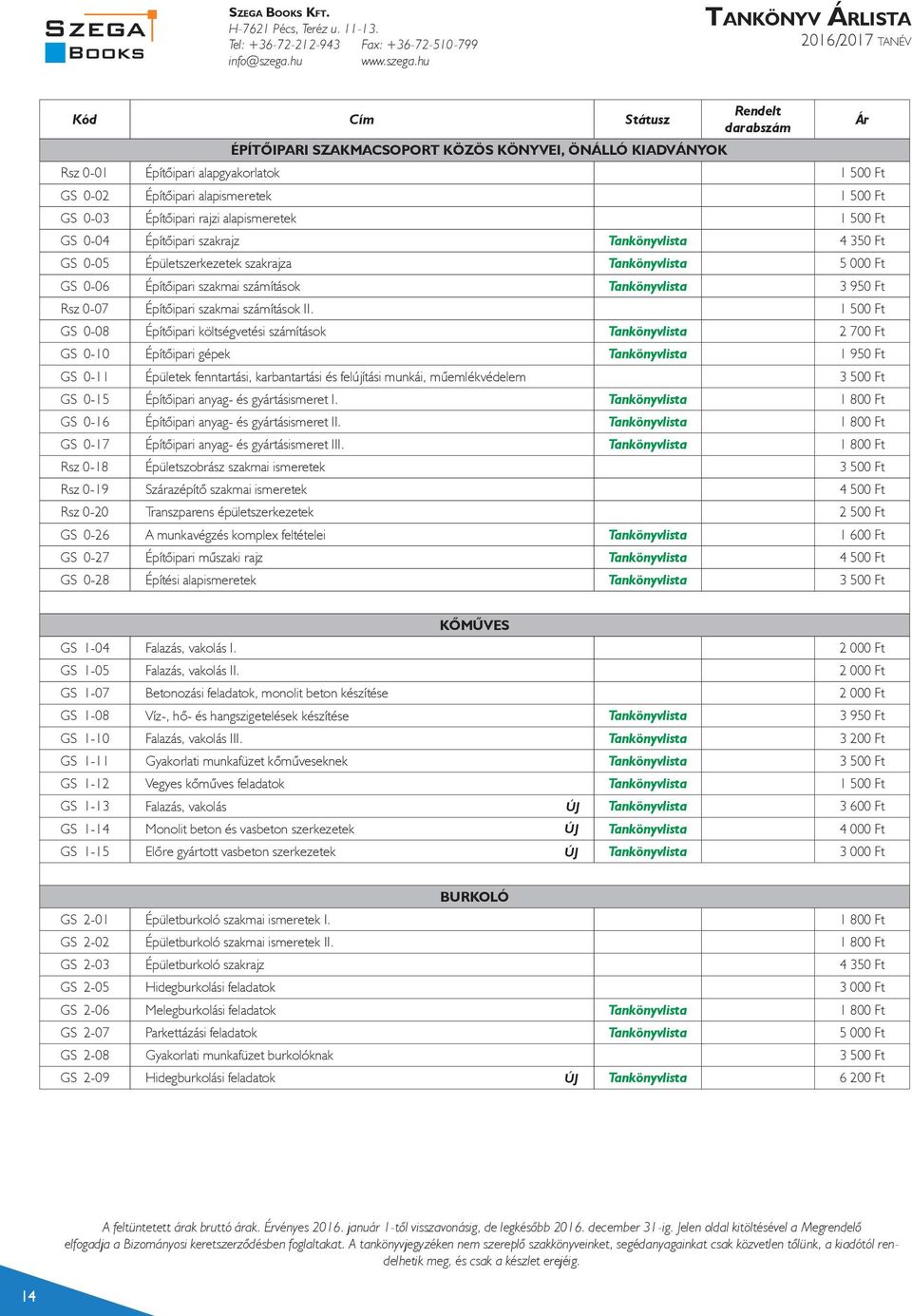 hu TANKÖNYV ÁRLISTA 2016/2017 TANÉV Kód Cím Státusz Rendelt darabszám Ár ÉPÍTŐIPARI SZAKMACSOPORT KÖZÖS KÖNYVEI, ÖNÁLLÓ KIADVÁNYOK Rsz 0-01 Építőipari alapgyakorlatok 1 500 Ft GS 0-02 Építőipari