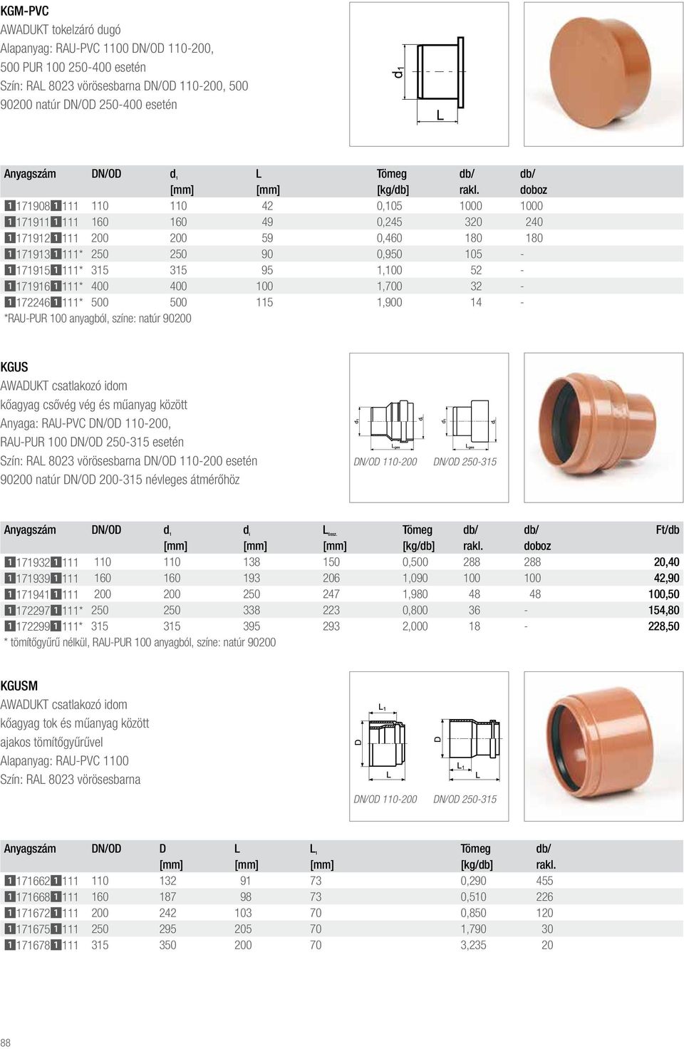 400 400 100 1,700 32-11722461111* 500 500 115 1,900 14 - *RAU-PUR 100 anyagból, színe: natúr 90200 KGUS AWADUKT csatlakozó idom kőagyag csővég vég és műanyag között Anyaga: RAU-PVC DN/OD 110-200,