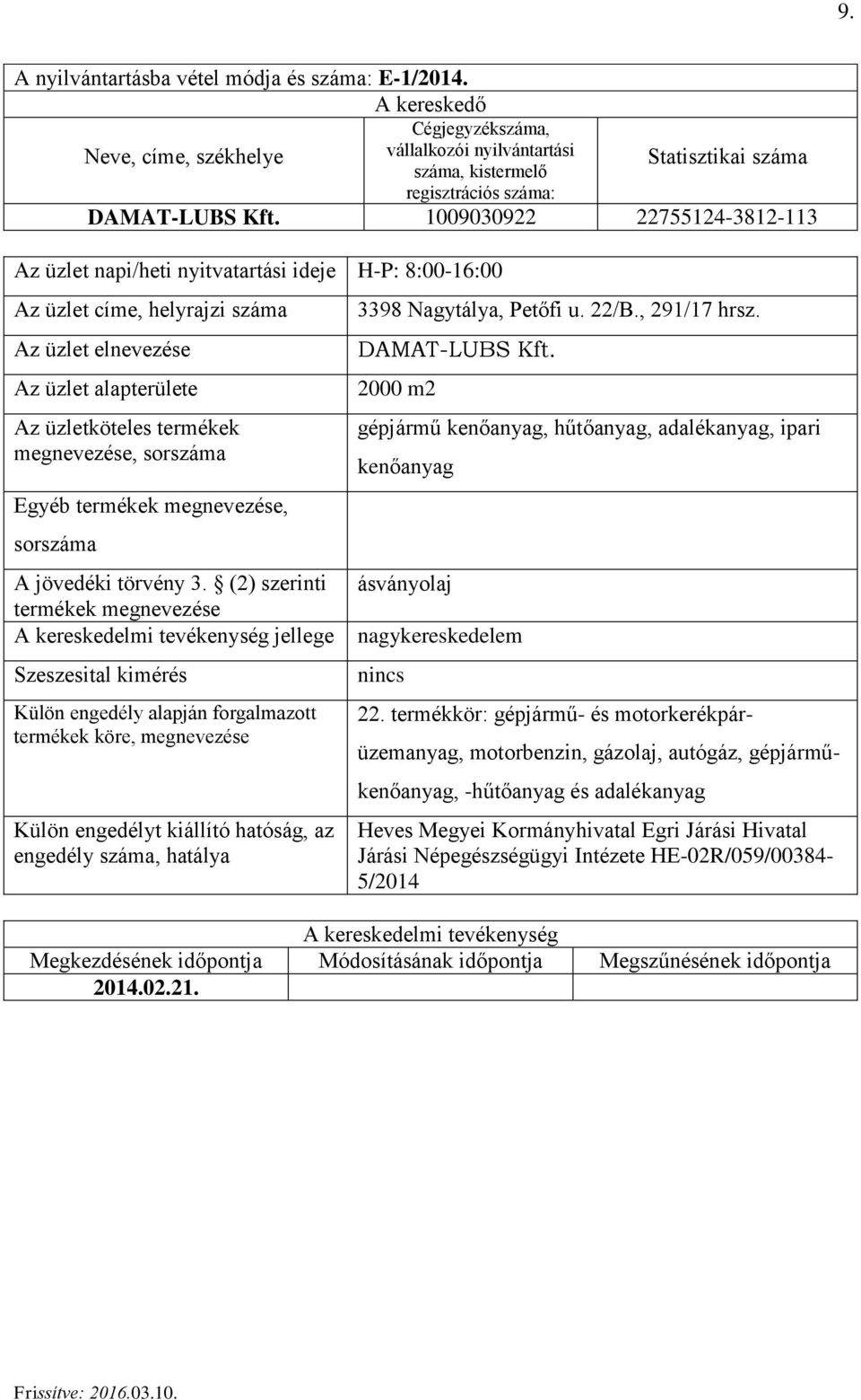 Petőfi u. 22/B., 291/17 hrsz. DAMATLUBS Kft. 2000 m2 gépjármű kenőanyag, hűtőanyag, adalékanyag, ipari kenőanyag ásványolaj nagykereskedelem 22.