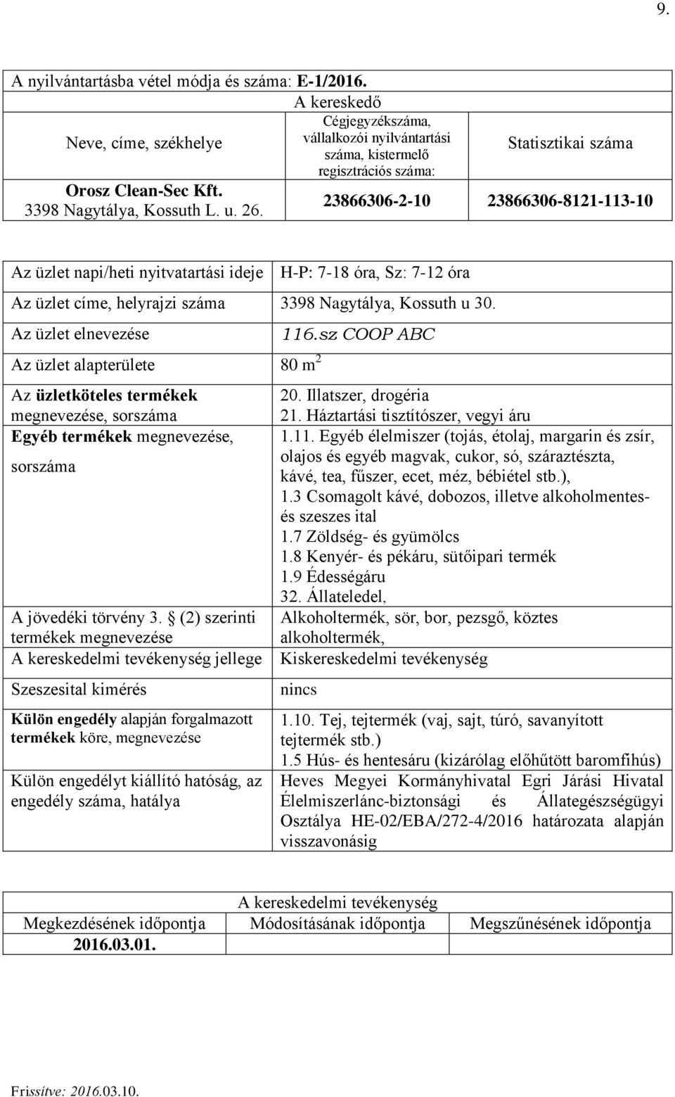 sz COOP ABC 20. Illatszer, drogéria 21. Háztartási tisztítószer, vegyi áru 1.11.