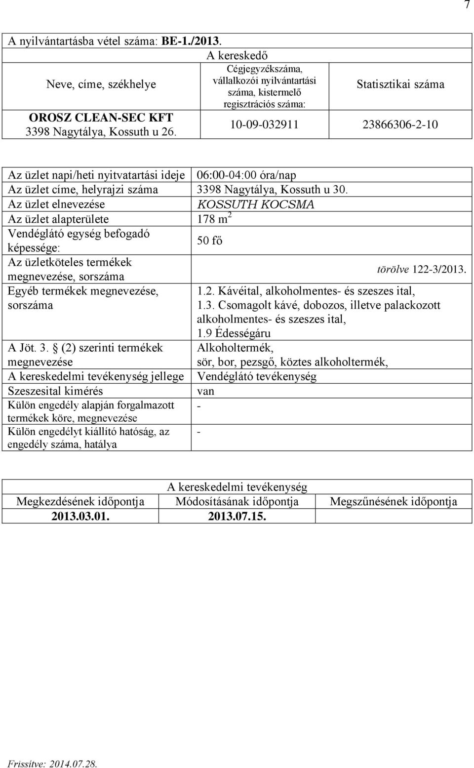 KOSSUTH KOCSMA Az üzlet alapterülete 178 m 2 Vendéglátó egység befogadó képessége: 50 fő törölve 1223/