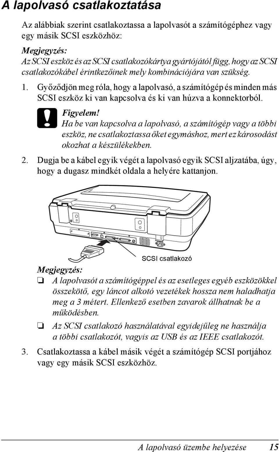 c Figyelem! Ha be van kapcsolva a lapolvasó, a számítógép vagy a többi eszköz, ne csatlakoztassa őket egymáshoz, mert ez károsodást okozhat a készülékekben. 2.
