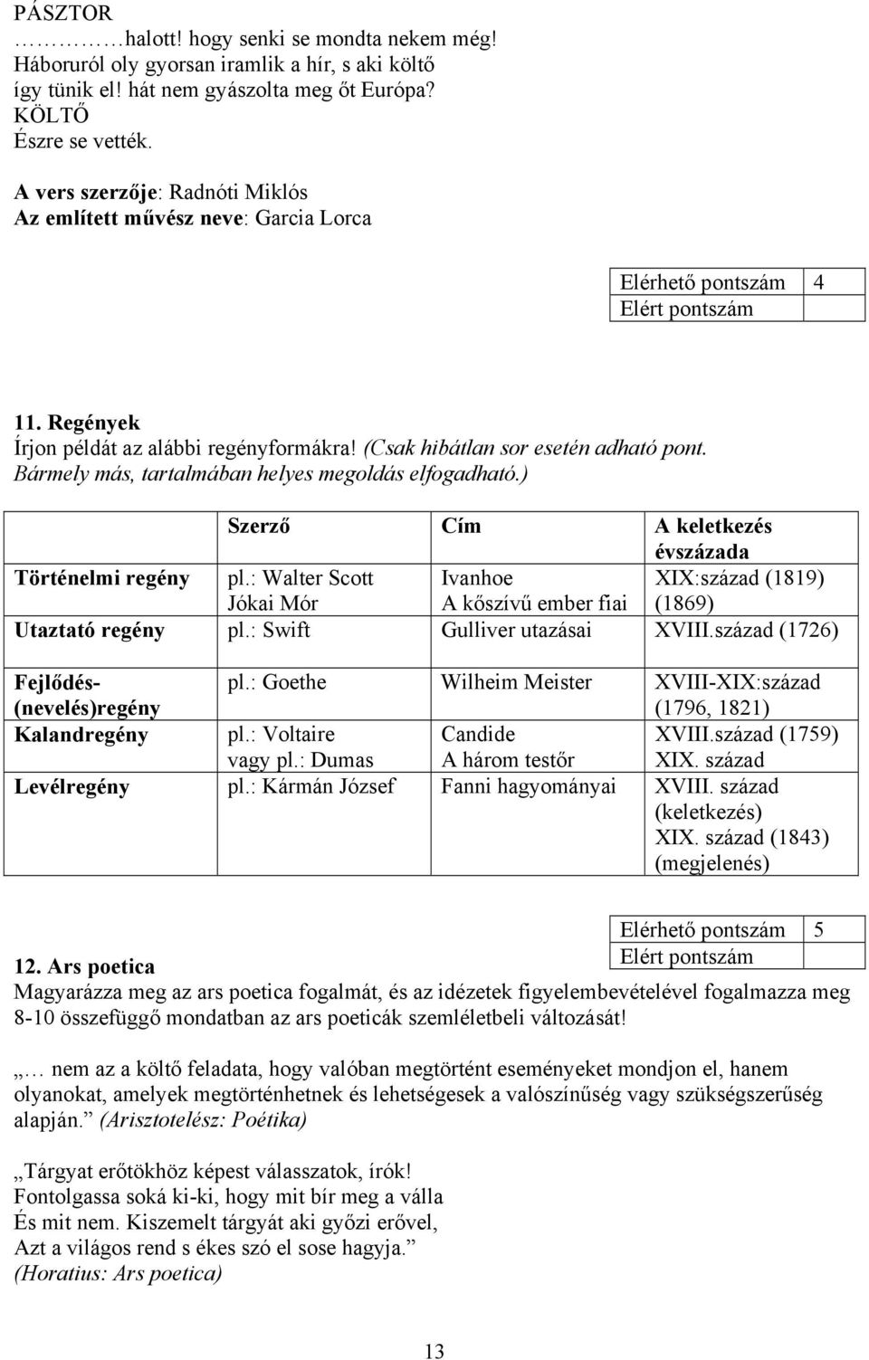 Bármely más, tartalmában helyes megoldás elfogadható.) Szerző Cím A keletkezés évszázada Történelmi regény pl.