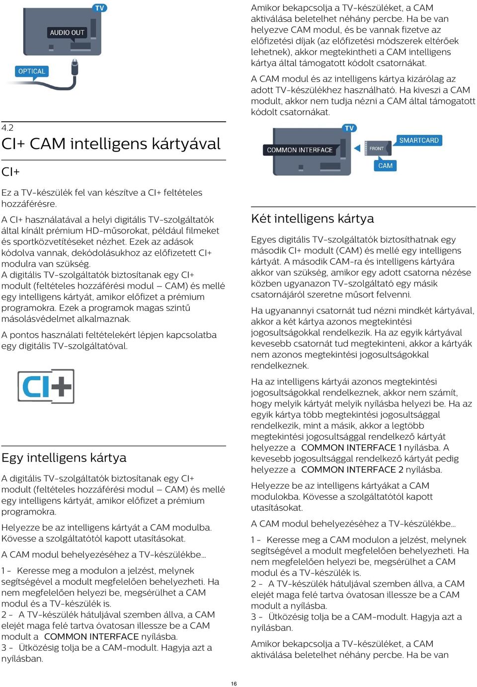 A CAM modul és az intelligens kártya kizárólag az adott TV-készülékhez használható. Ha kiveszi a CAM modult, akkor nem tudja nézni a CAM által támogatott kódolt csatornákat. 4.