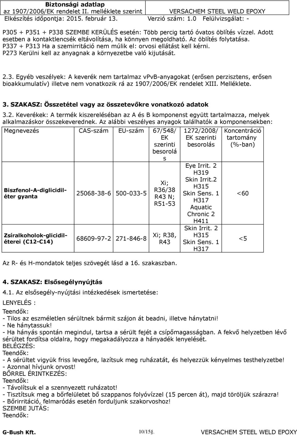 Melléklete. 3. SZAKASZ: Összetétel vagy az összetevőkre vonatkozó adatok 3.2. Keverékek: A termék kiszereléséban az A és B komponenst együtt tartalmazza, melyek alkalmazáskor összekeverednek.