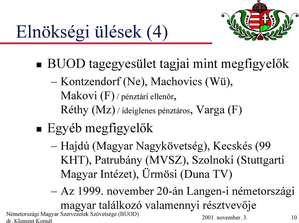 Nagykövetség), Kecskés (99 KHT), Patrubány (MVSZ), Szolnoki (Stuttgarti Magyar Intézet), Ürmösi (Duna