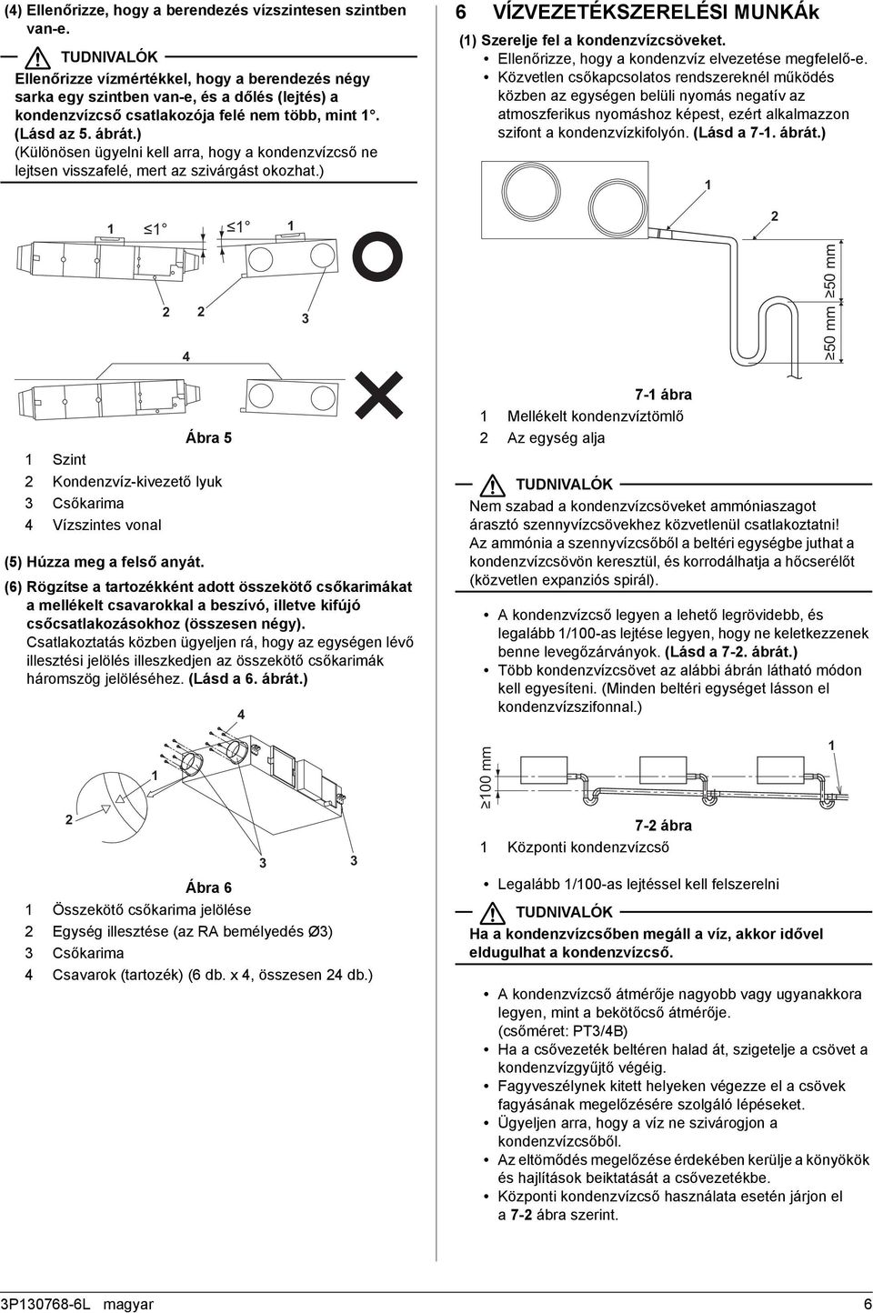 ) (Különösen ügyelni kell arra, hogy a kondenzvízcső ne lejtsen visszafelé, mert az szivárgást okozhat.) VÍZVEZETÉKSZERELÉSI MUNKÁk () Szerelje fel a kondenzvízcsöveket.