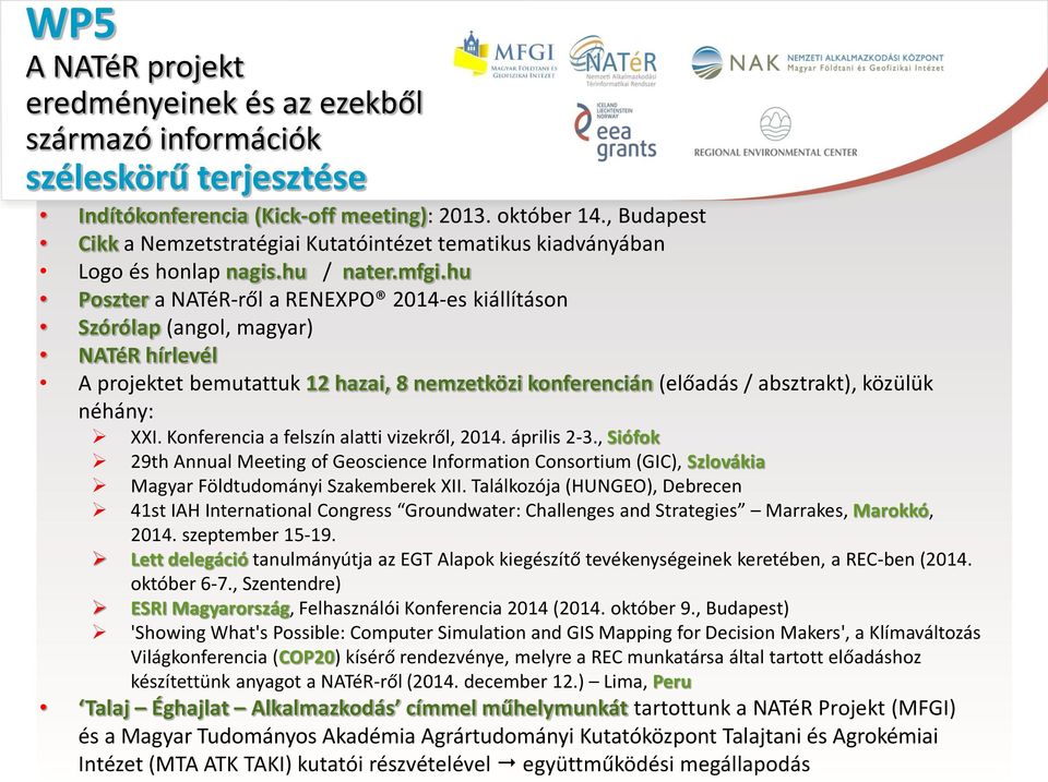 hu Poszter a NATéR-ről a RENEXPO 2014-es kiállításon Szórólap (angol, magyar) NATéR hírlevél A projektet bemutattuk 12 hazai, 8 nemzetközi konferencián (előadás / absztrakt), közülük néhány: XXI.