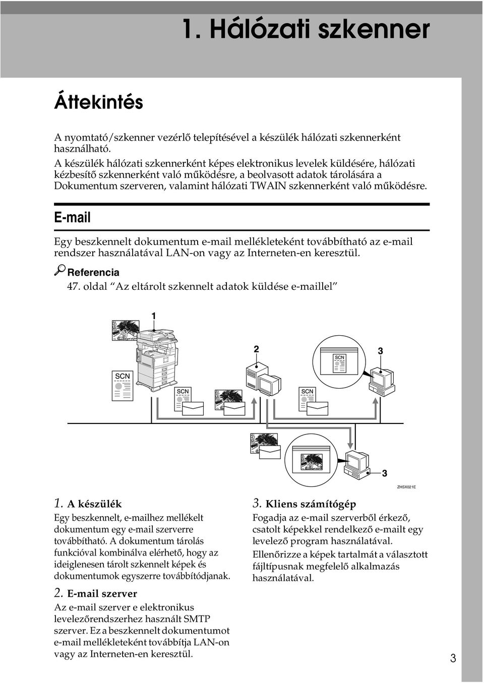 szkennerként való mûködésre. E-mail Egy beszkennelt dokumentum e-mail mellékleteként továbbítható az e-mail rendszer használatával LAN-on vagy az Interneten-en keresztül. 47.