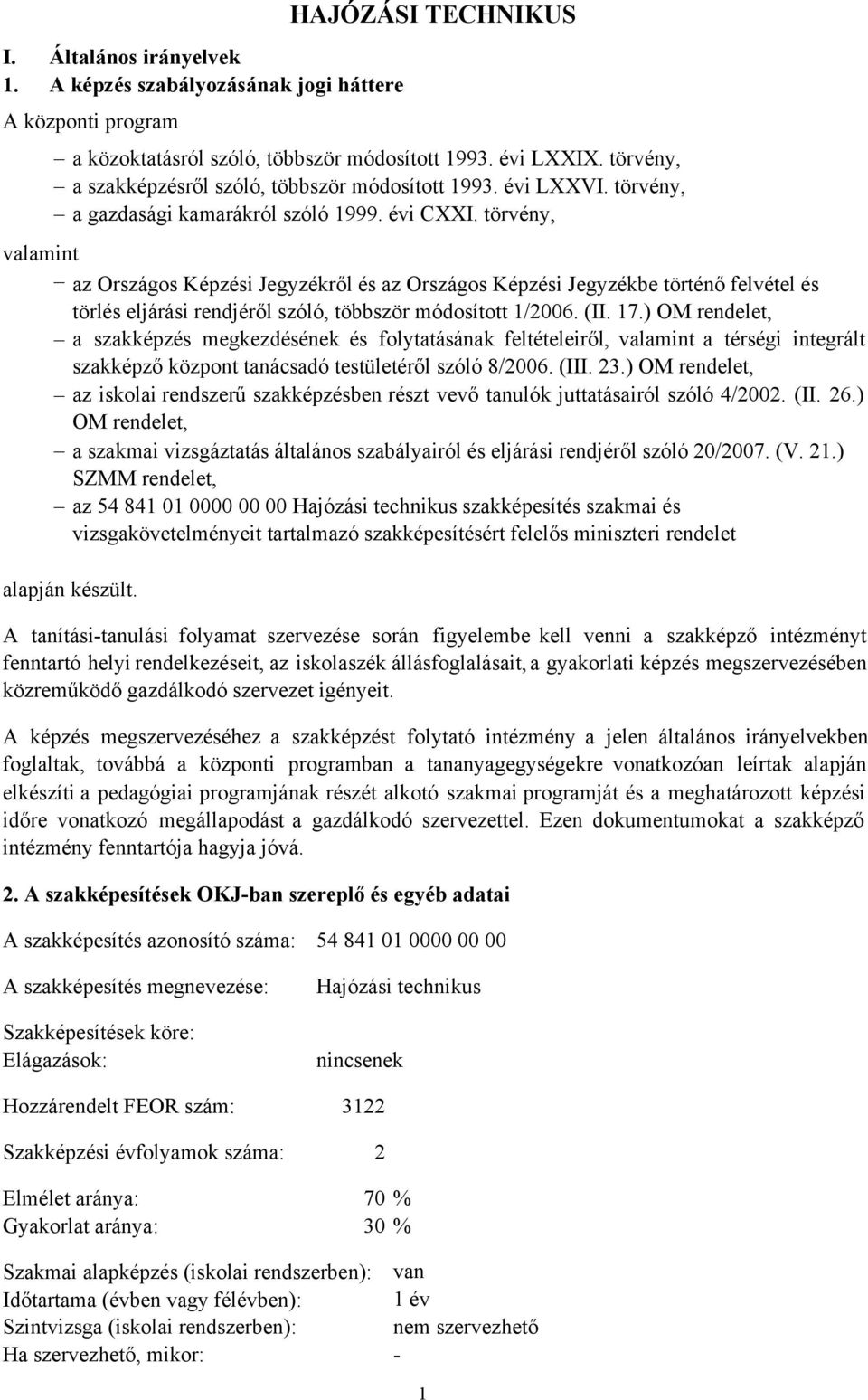 törvény, valamint az Országos Képzési Jegyzékről és az Országos Képzési Jegyzékbe történő felvétel és törlés eljárási rendjéről szóló, többször módosított 1/2006. (II. 17.