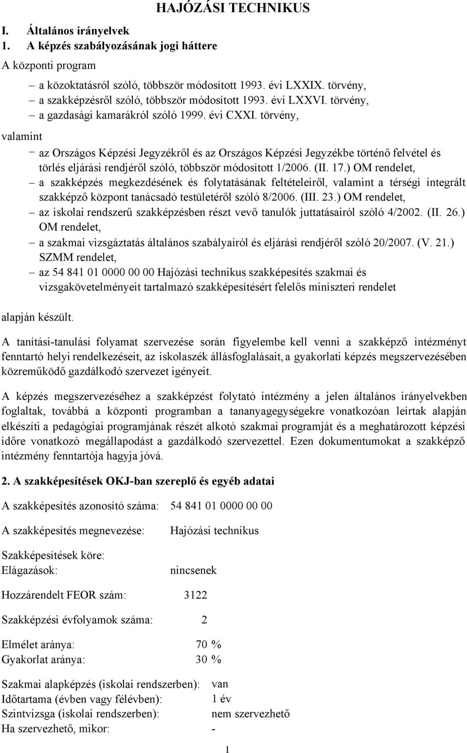 törvény, valamint az Országos Képzési Jegyzékről és az Országos Képzési Jegyzékbe történő felvétel és törlés eljárási rendjéről szóló, többször módosított 1/2006. (II. 17.