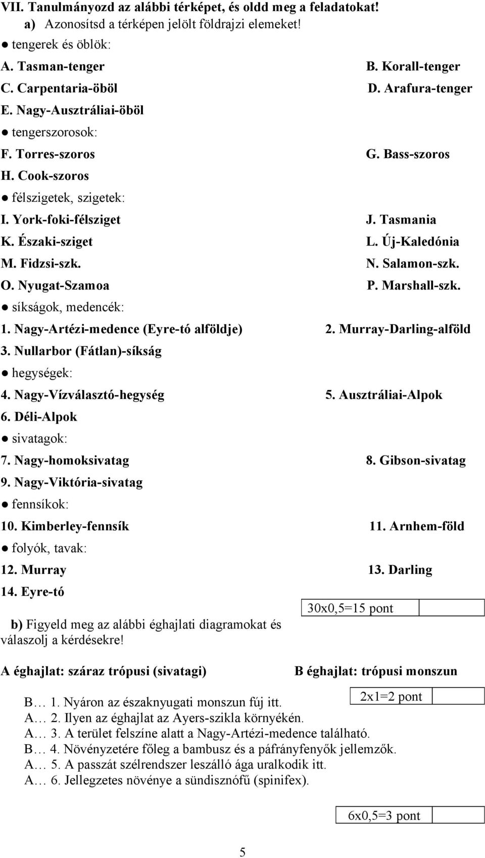 Fidzsi-szk. N. Salamon-szk. O. Nyugat-Szamoa P. Marshall-szk. síkságok, medencék: 1. Nagy-Artézi-medence (Eyre-tó alföldje) 2. Murray-Darling-alföld 3. Nullarbor (Fátlan)-síkság hegységek: 4.