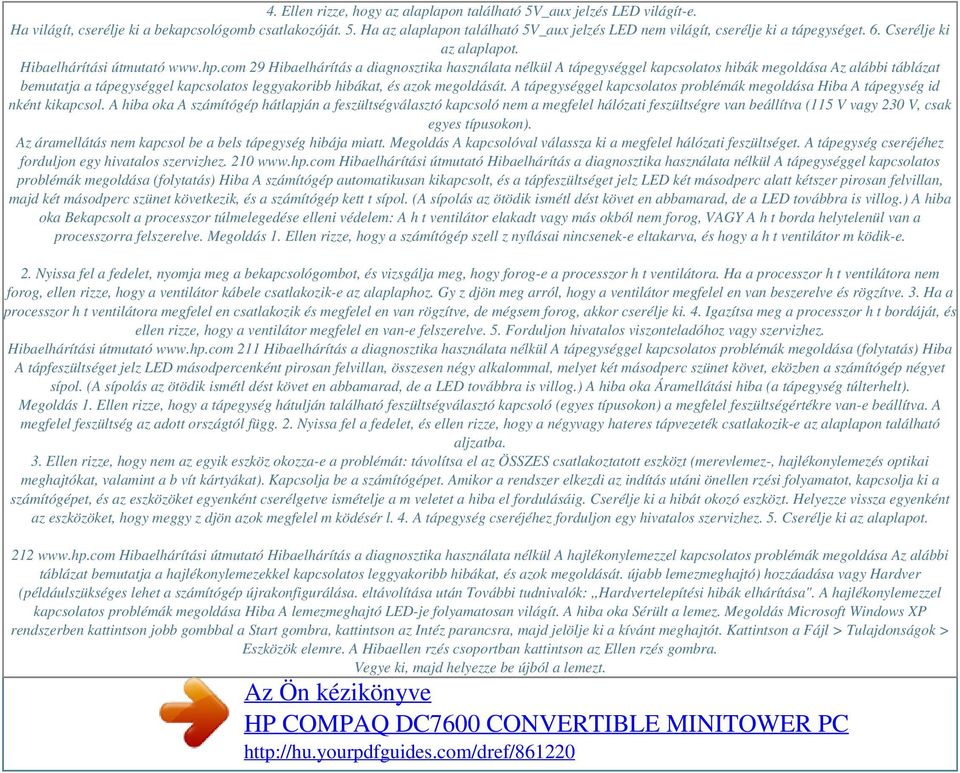 com 29 Hibaelhárítás a diagnosztika használata nélkül A tápegységgel kapcsolatos hibák megoldása Az alábbi táblázat bemutatja a tápegységgel kapcsolatos leggyakoribb hibákat, és azok megoldását.