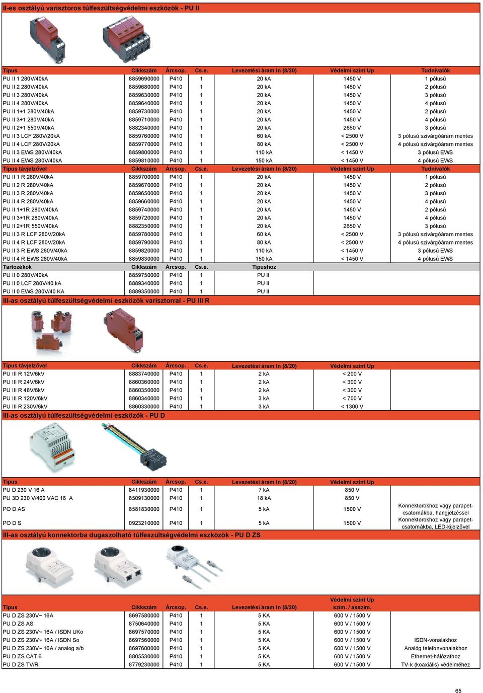 280V/40kA 8859730000 P410 1 20 ka 1450 V 2 pólusú PU II 3+1 280V/40kA 8859710000 P410 1 20 ka 1450 V 4 pólusú PU II 2+1 550V/40kA 8882340000 P410 1 20 ka 2650 V 3 pólusú PU II 3 LCF 280V/20kA