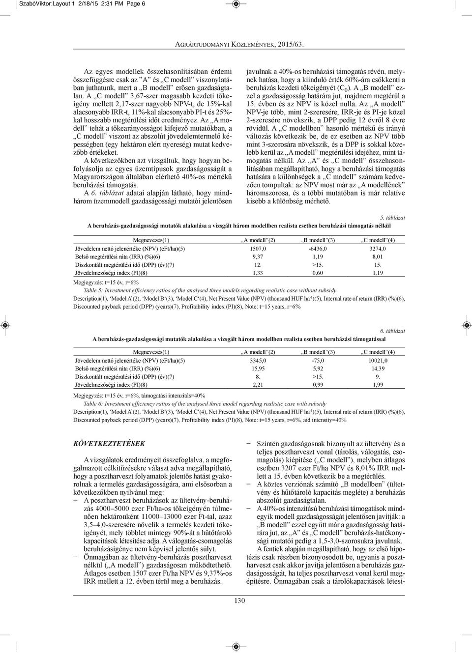 Az A mo - dell tehát a tőkearányosságot kifejező mutatókban, a C modell viszont az abszolút jövedelemtermelő ké - pes ségben (egy hektáron elért nyereség) mutat kedve - zőbb értékeket.