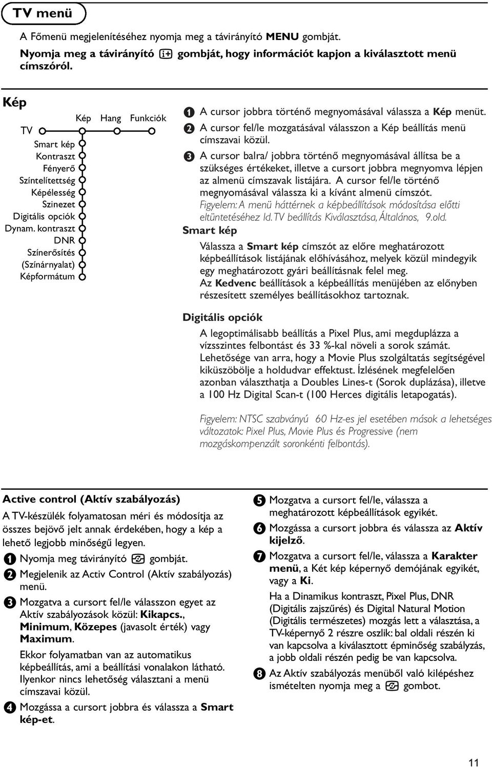 kontraszt DNR Színerősítés (Színárnyalat) Képformátum & A cursor jobbra történő megnyomásával válassza a Kép menüt. é A cursor fel/le mozgatásával válasszon a Kép beállítás menü címszavai közül.