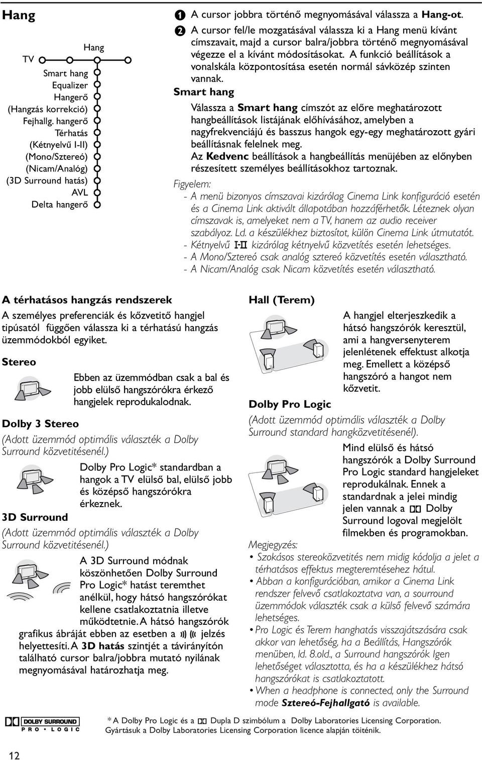 é A cursor fel/le mozgatásával válassza ki a Hang menü kívánt címszavait, majd a cursor balra/jobbra történő megnyomásával végezze el a kívánt módosításokat.
