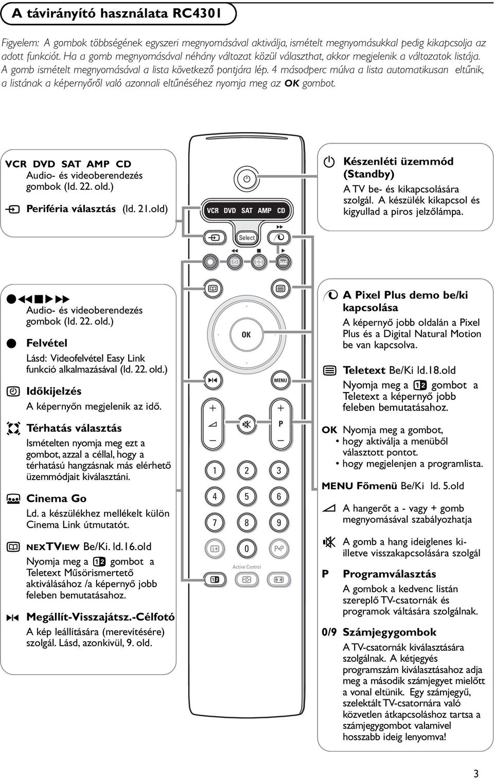 4 másodperc múlva a lista automatikusan eltűnik, a listának a képernyőről való azonnali eltűnéséhez nyomja meg az OK gombot. VCR DVD SAT AMP CD Audio- és videoberendezés gombok (ld. 22. old.