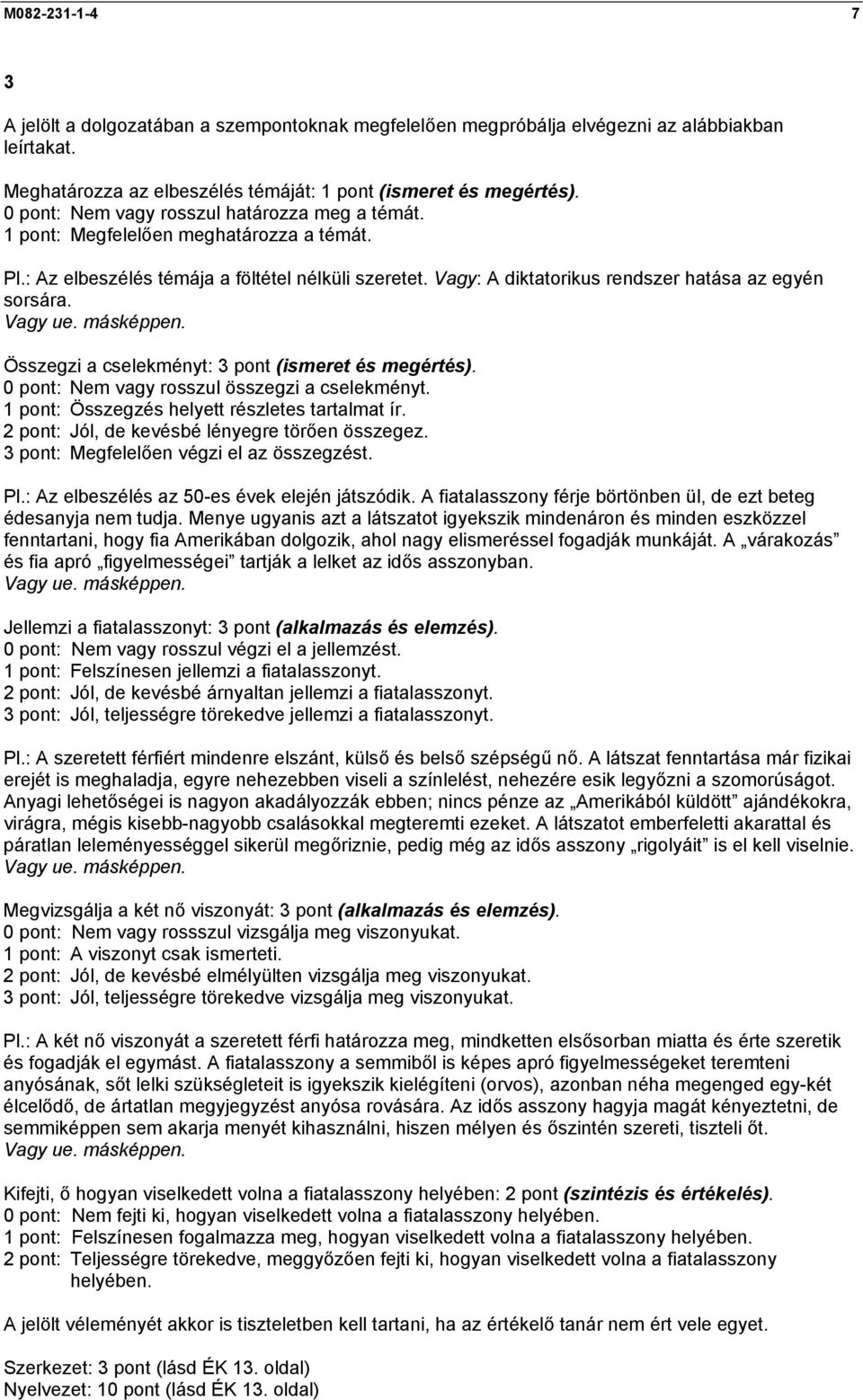 Összegzi a cselekményt: 3 pont (ismeret és megértés). 0 pont: Nem vagy rosszul összegzi a cselekményt. 1 pont: Összegzés helyett részletes tartalmat ír.