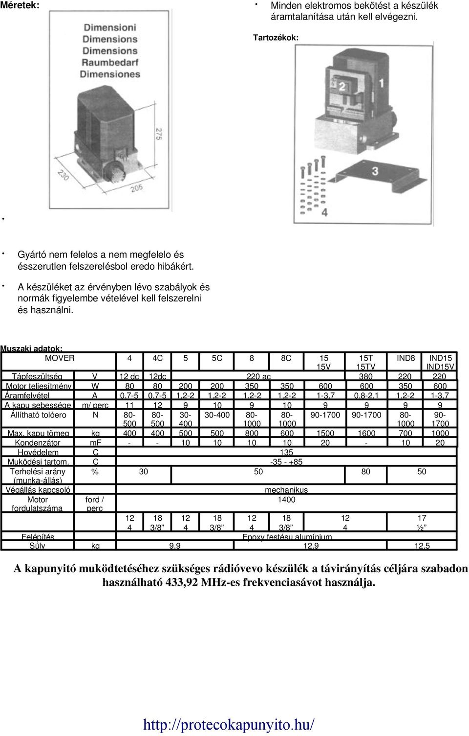 Muszaki adatok: MOVER Tápfeszültség Motor teljesítmény Áramfelvétel A kapu sebessége Állítható tolóero V W A m/ perc N Max. kapu tömeg Kondenzátor Hovédelem Muködési tartom.