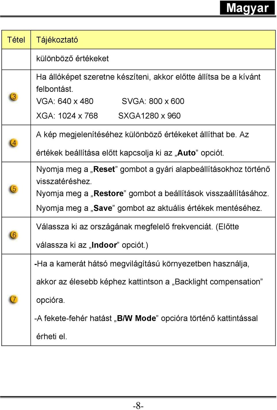 Nyomja meg a Reset gombot a gyári alapbeállításokhoz történő visszatéréshez. Nyomja meg a Restore gombot a beállítások visszaállításához. Nyomja meg a Save gombot az aktuális értékek mentéséhez.